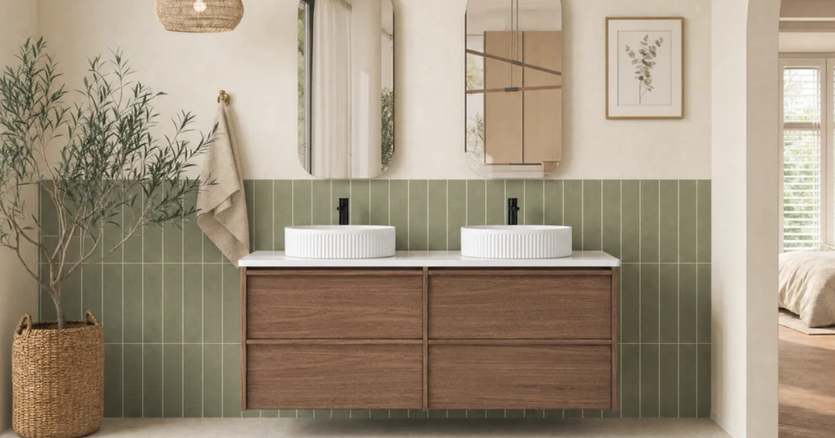 How to Create a Warm, Modern Bathroom with Aulic Walnut Vanities and Shaving Cabinets