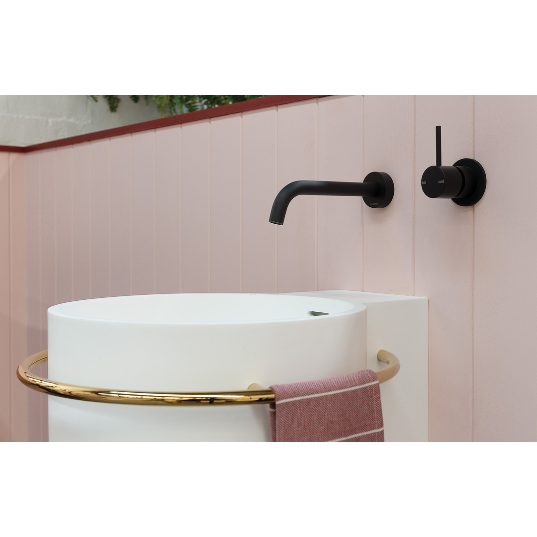 Phoenix Vivid Slimline Wall Bath O/Let Curved 180mm Matt Black