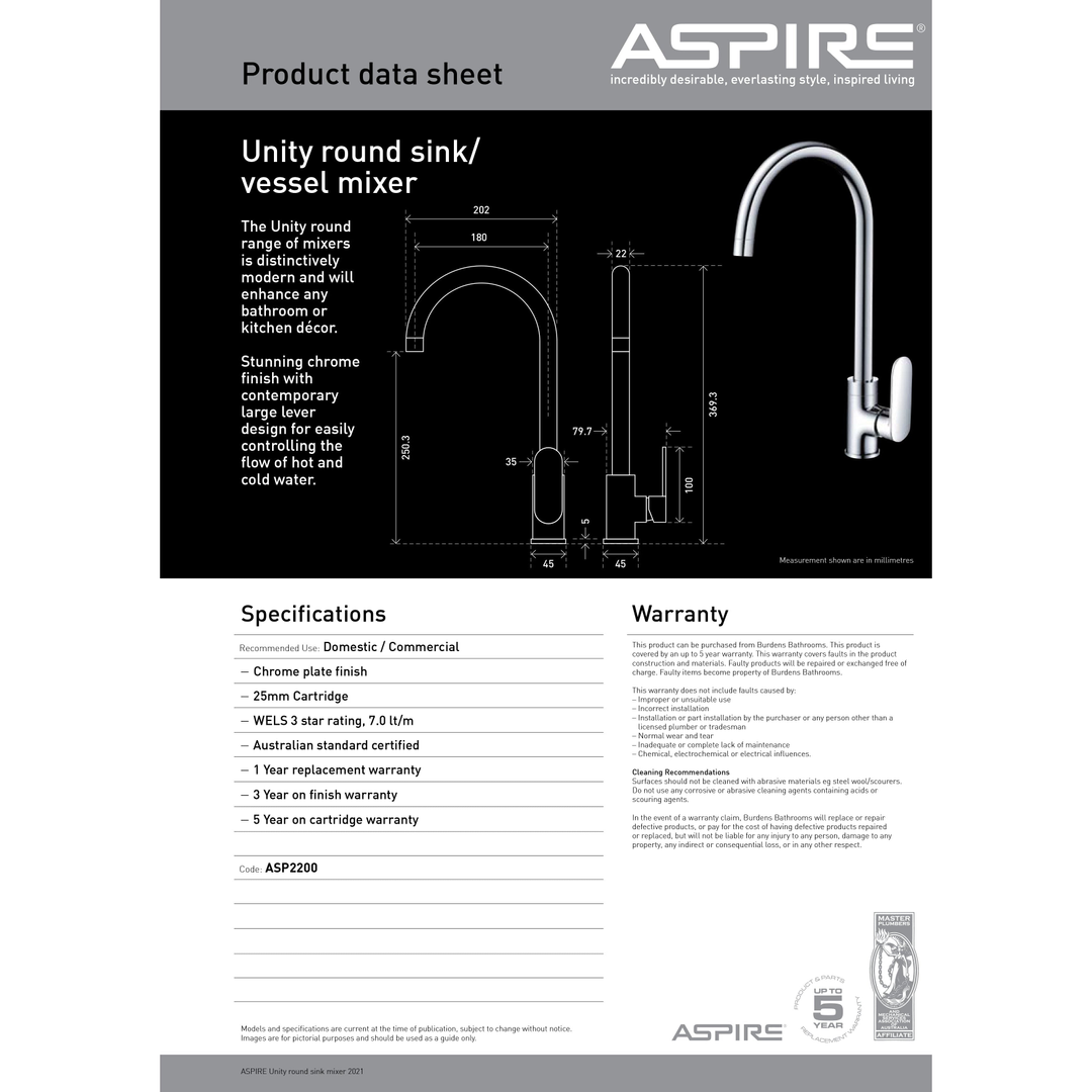 Aspire Unity **Round** Sink/Vessel Mixer Chrome