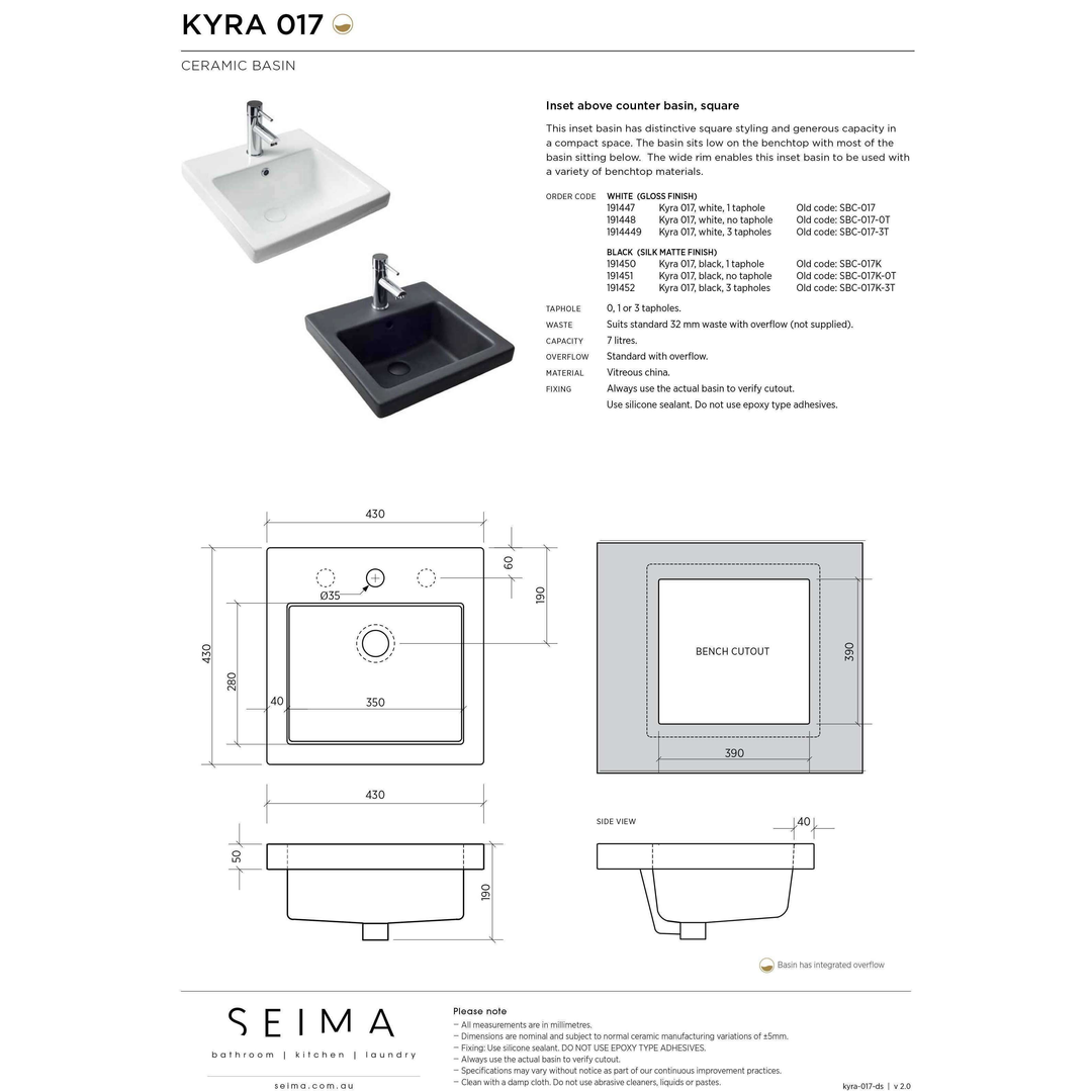 Seima Kyra Above Counter Inset Basin White Sbc-017-1T 430X430X50