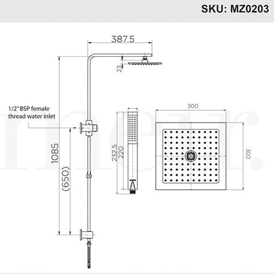 Meir Square Combination Shower Rail 300Mm Rose Matte Black