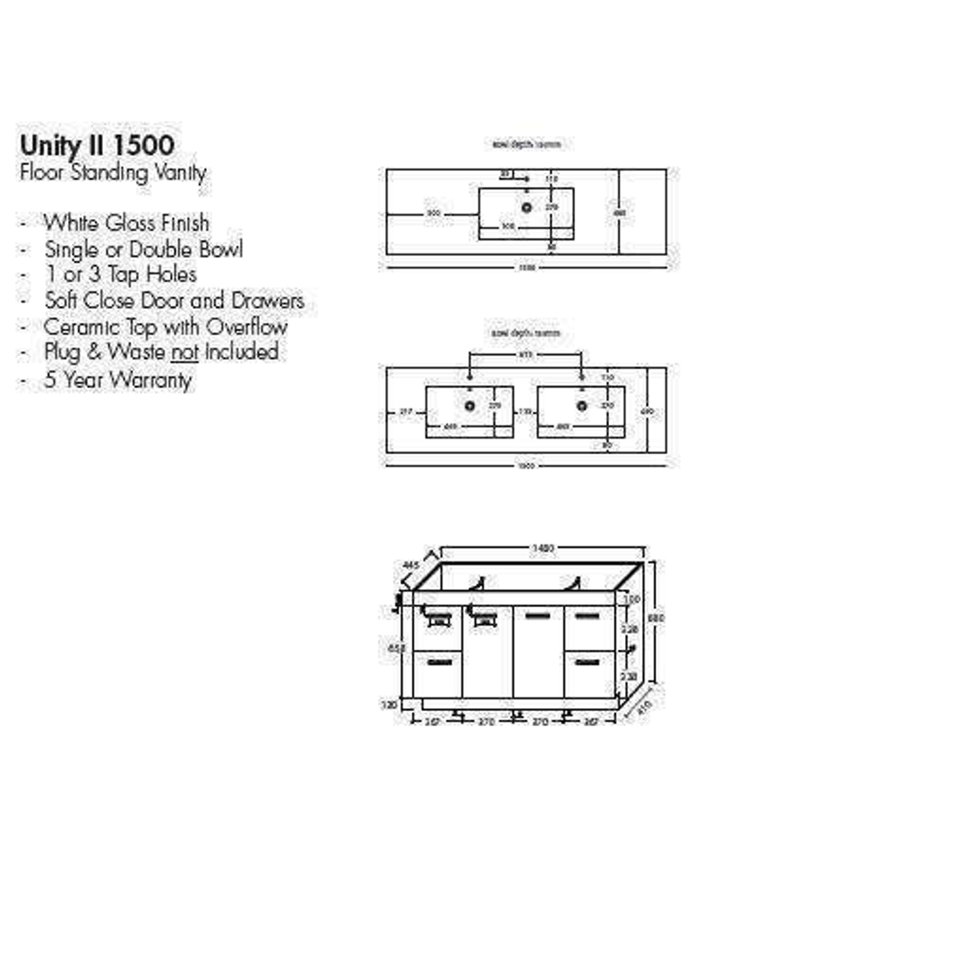 Aspire Unity II 1500 S/Bowl F/Standing Vanity Wht 1 Tap Hole