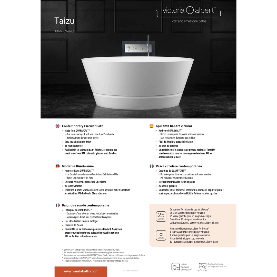 V+A Taizu Freestanding Bath No Overflow Quarrycast White 1500mm