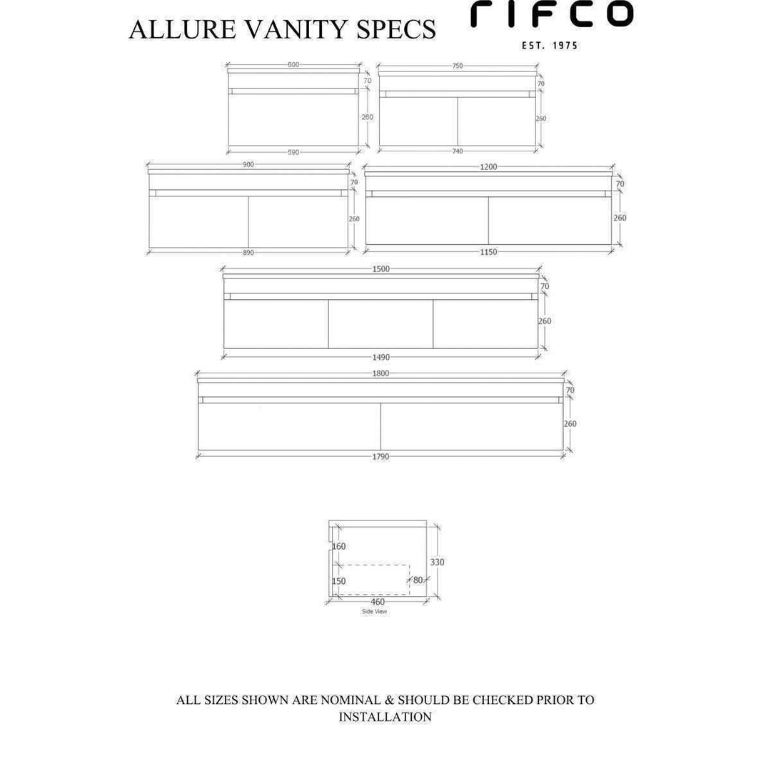 Rifco Allure W/Hung Vanity 1200 Stadium Top 1 Tap Hole
