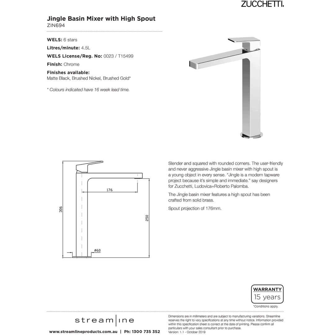 Zucchetti Jingle Basin Mixer High Spout Chrome Zin694