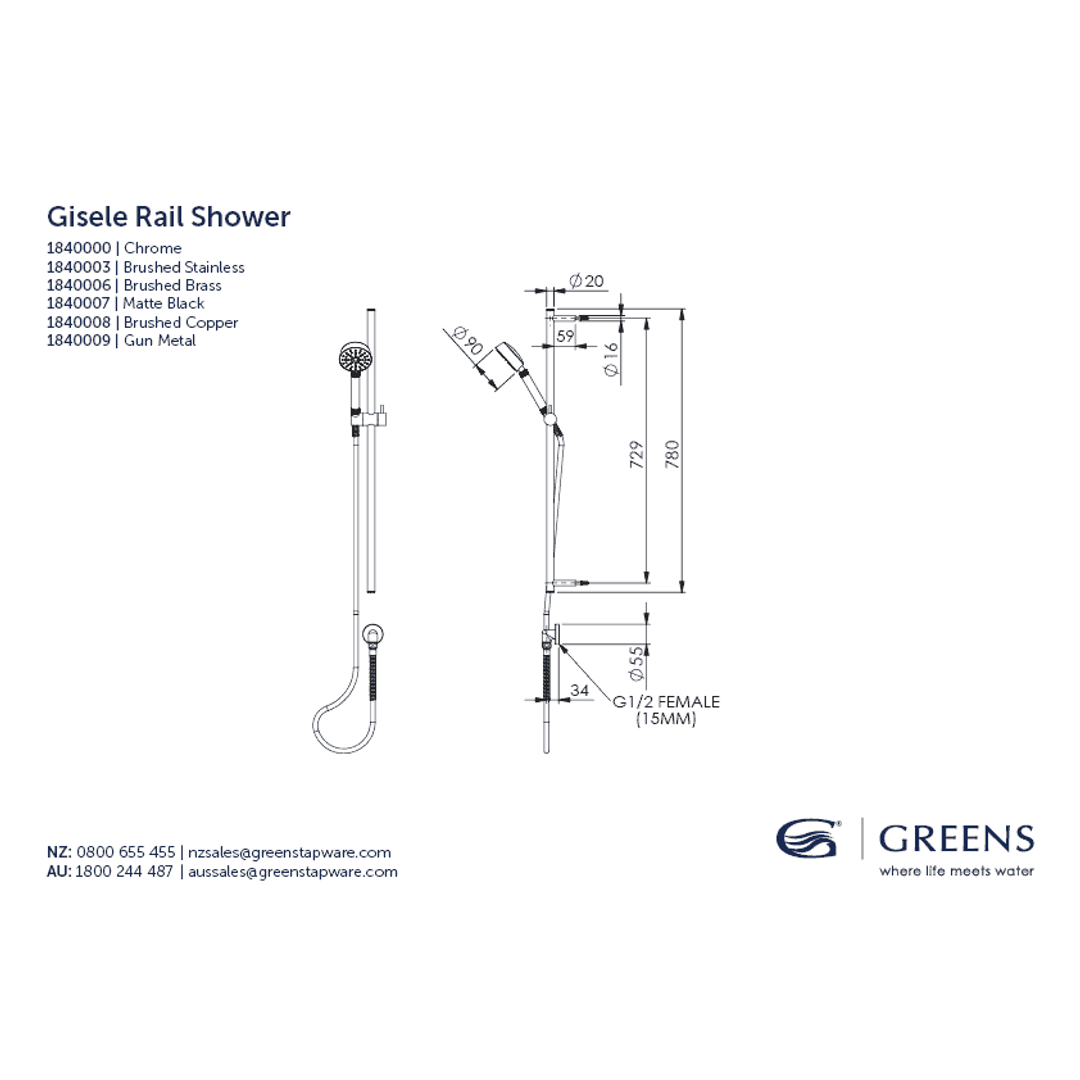 Greens Gisele Rail Shower Brushed Stainless Steel 1840003