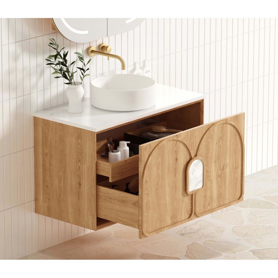 Otti Laguna Natural American Oak 900X460 Vanity With Pure White Stone Top