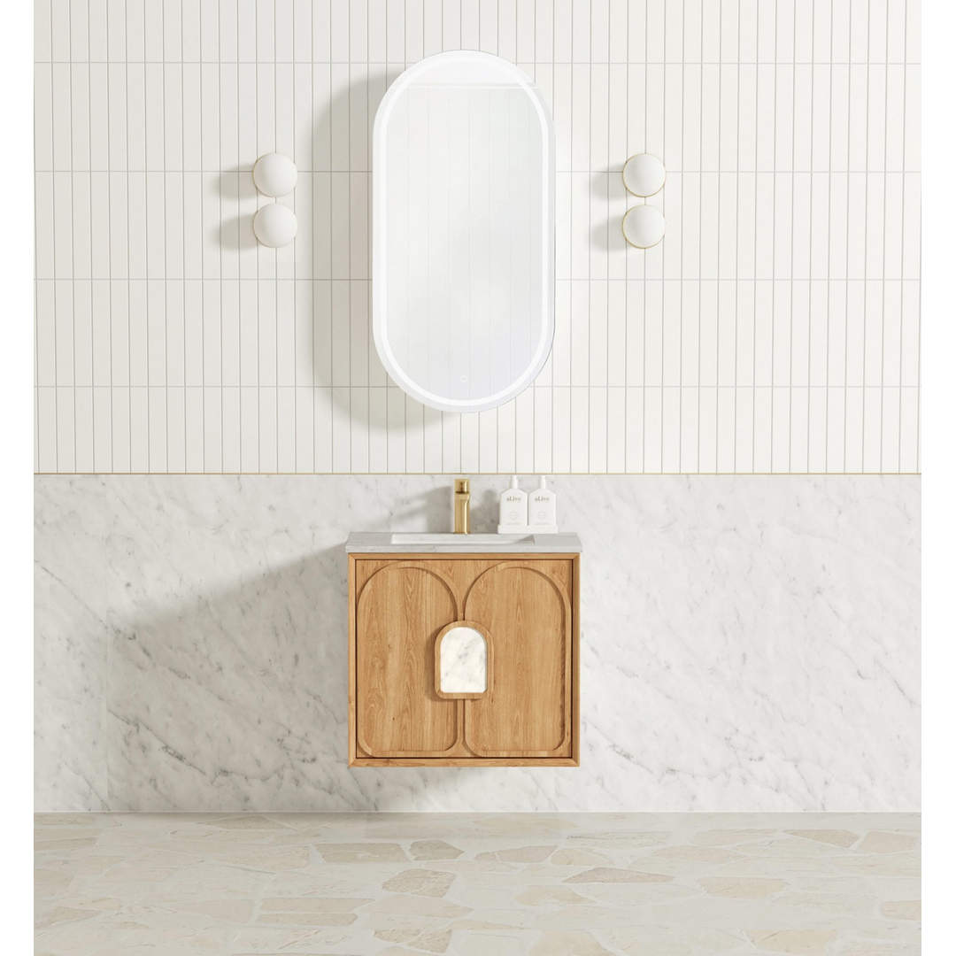 Otti Laguna Natural American Oak 600X460 Vanity Carrara Marble Top With U/Mount Basin