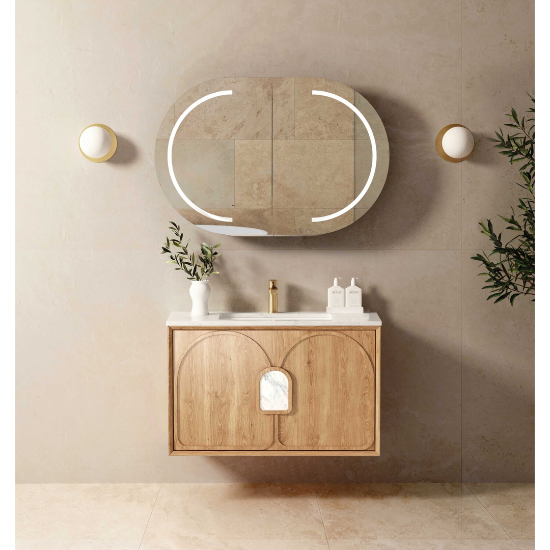 Otti Laguna Natural American Oak 900X460 Vanity Carrara Marble Top With U/Mount Basin