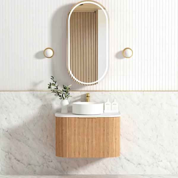Otti Bondi Woodland Oak Fluted Vanity 750X460X450 W/Hung Cabinet Pure White Stone Top