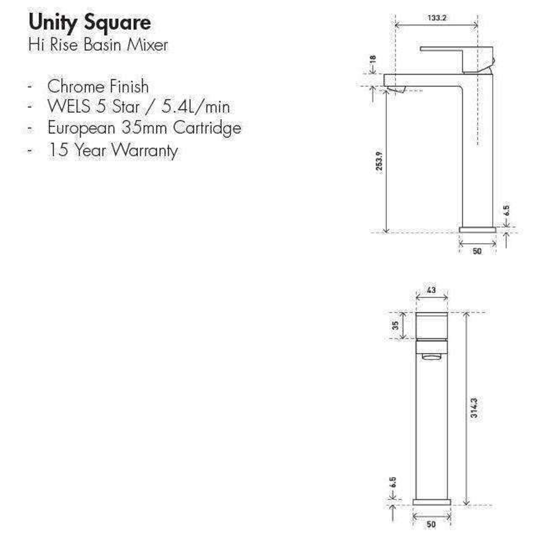 Aspire Unity **Square** Hi Rise Vessel Mixer Chrome