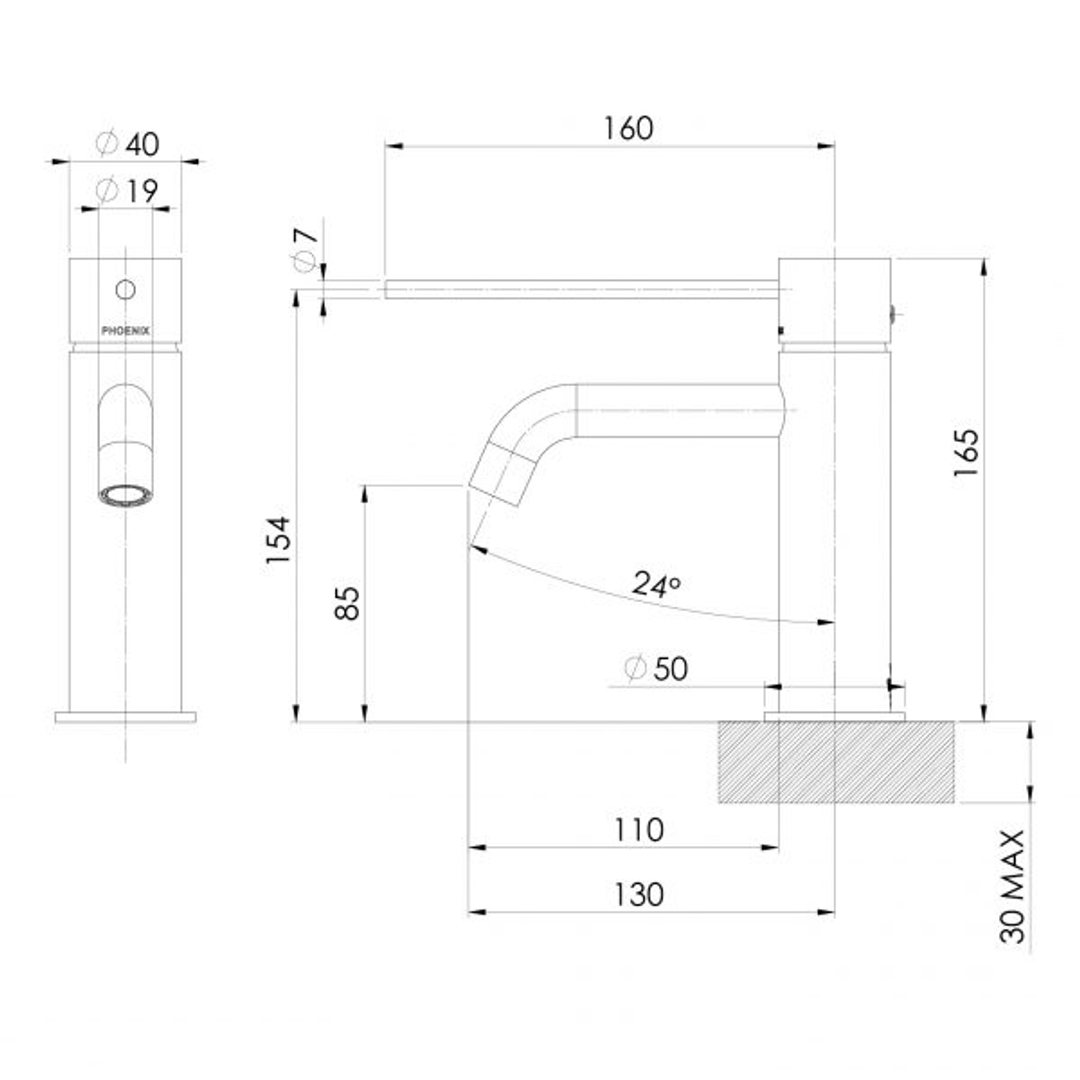 Phoenix Vivid Slimline Basin Mixer Curved Outlet With Extended Lever - Chrome
