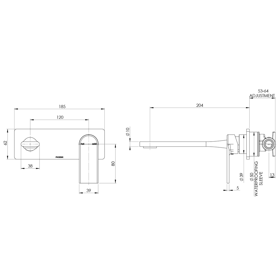 Phoenix Teel Switchmix Wall Basin / Bath Mixer Set 200Mm Fit-Off Kit Brushed Carbon