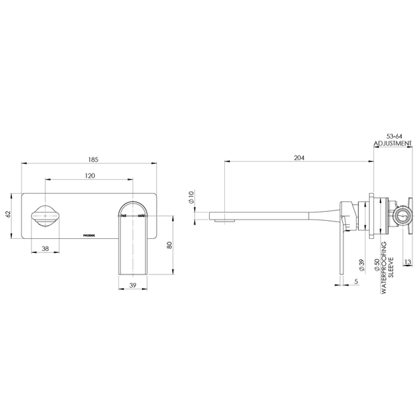 Phoenix Teel Switchmix Wall Basin / Bath Mixer Set 200Mm Fit-Off Kit Brushed Nickel