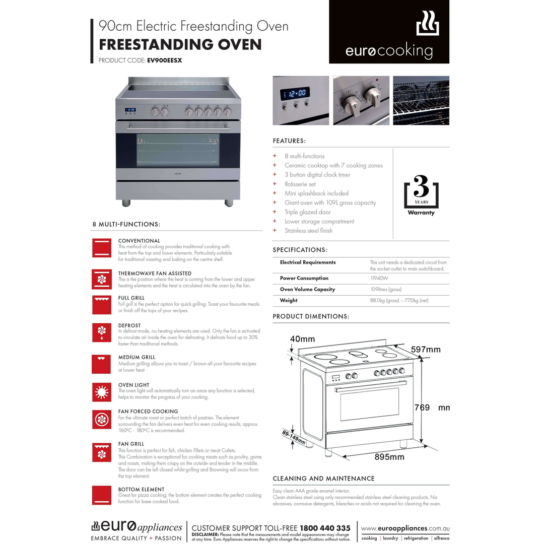 Euro Electric 90Cm F/Standing Multifunction Oven + Ceran Top