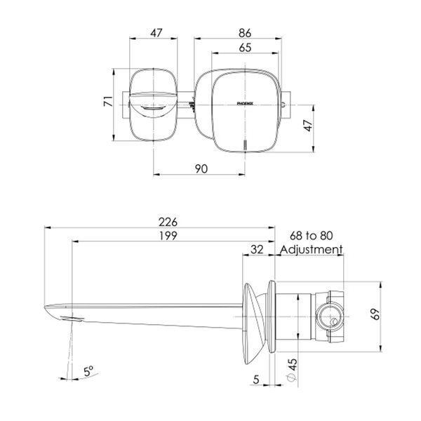 Phoenix Nuage Wall Basin / Bath Mixer Set 200Mm Brushed Carbon