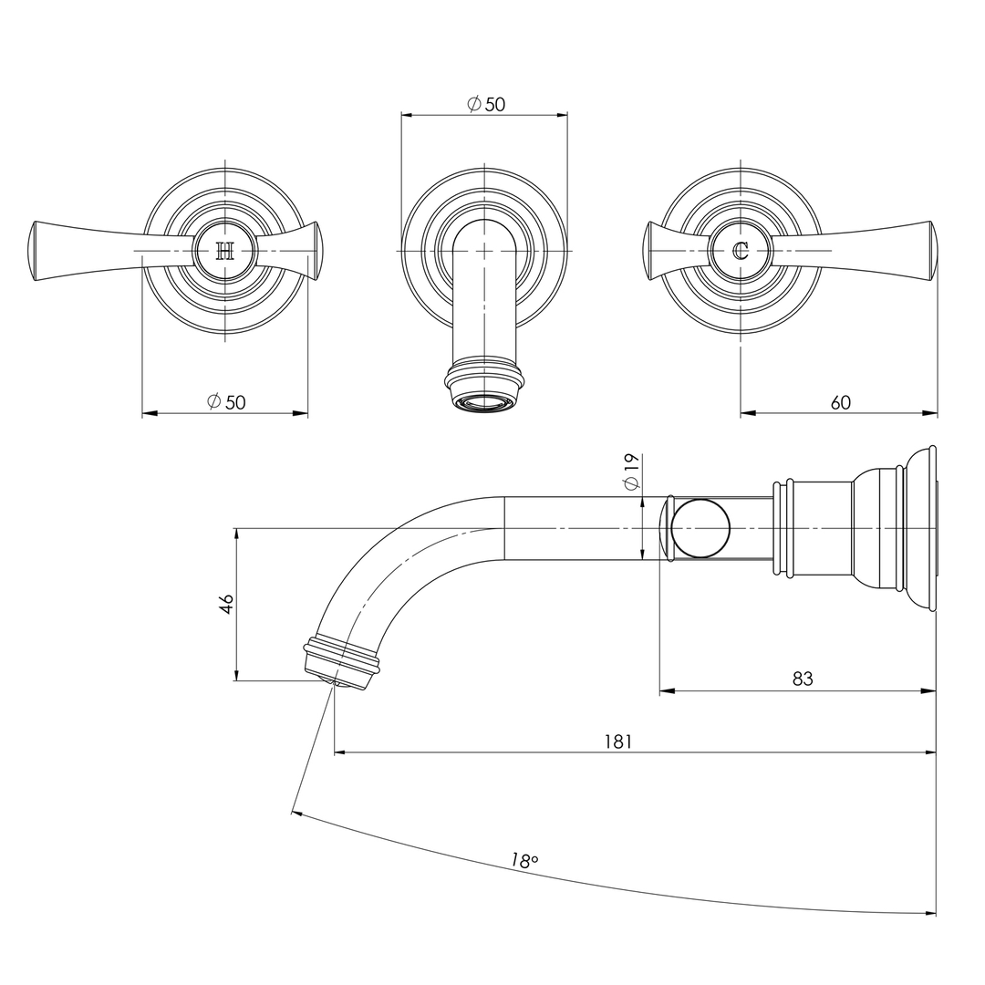 Phoenix Cromford Wall Basin / Bath Tap Set Brushed Bronze