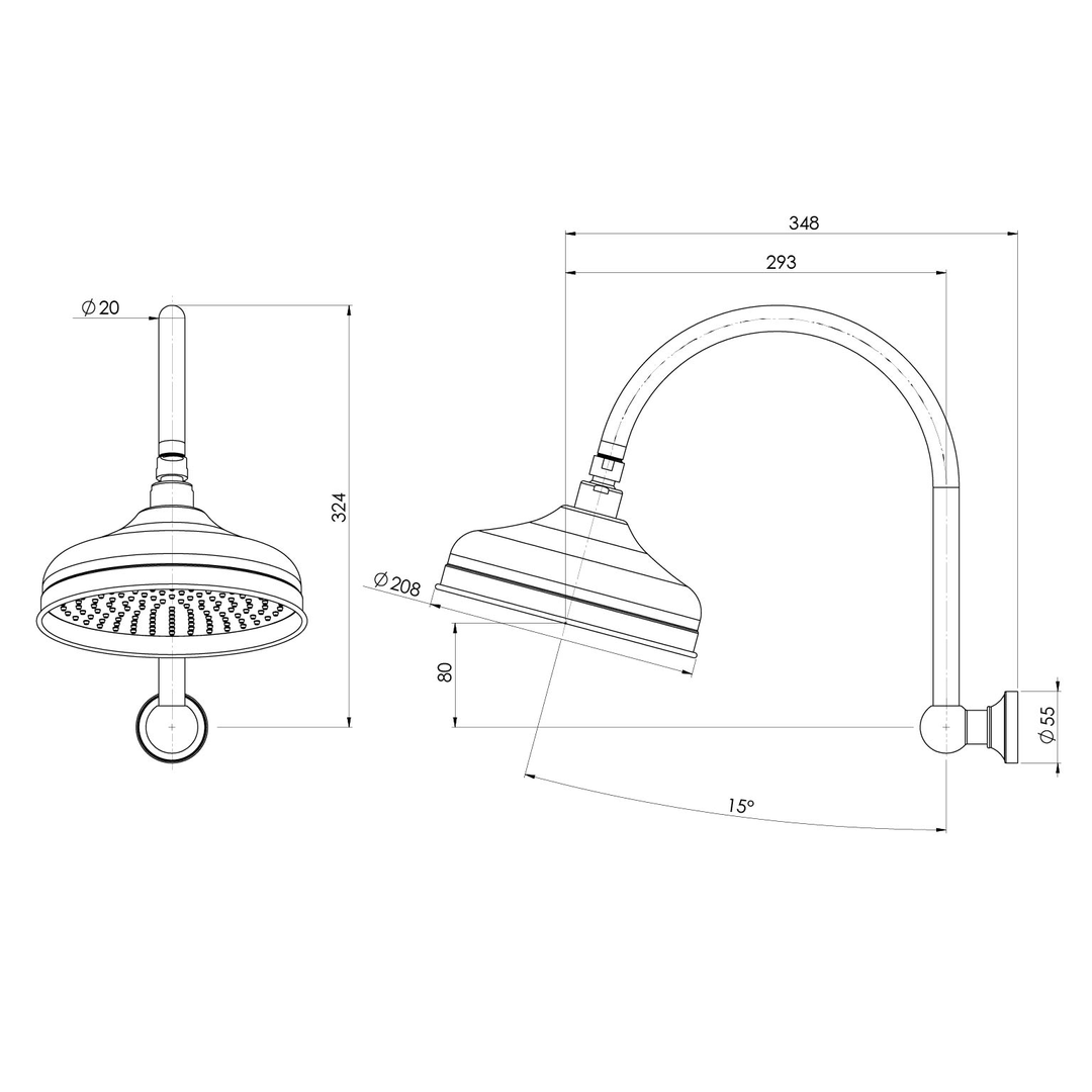 Phoenix Cromford Hi Rise Shower Arm & Rose 210Mm Chrome