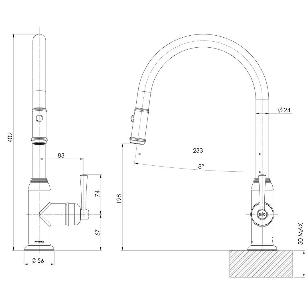 Phoenix Cromford Pull Out Sink Mixer Brushed Gold