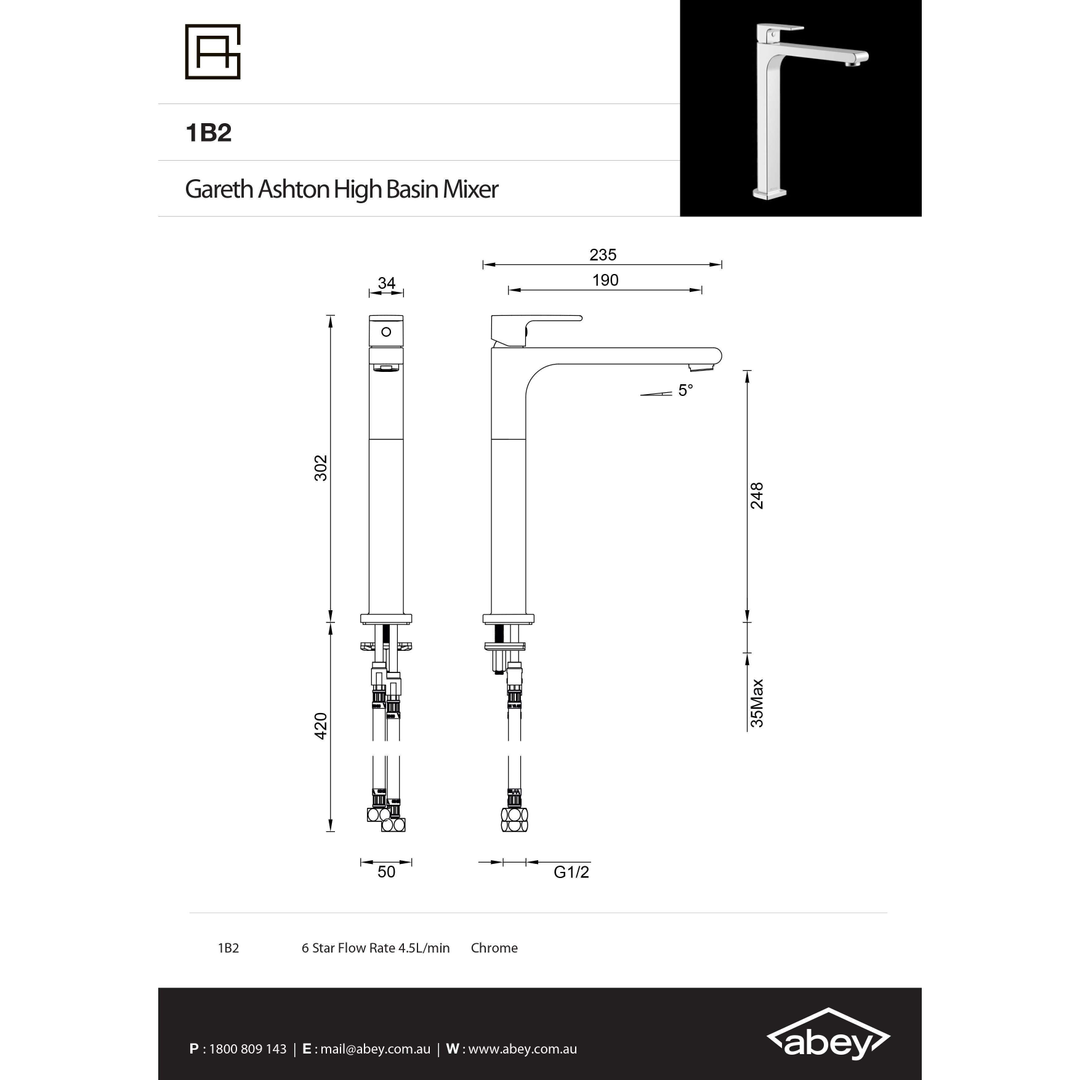Abey Gareth Ashton Park Ave Hi Rise Basin Mixer Cp
