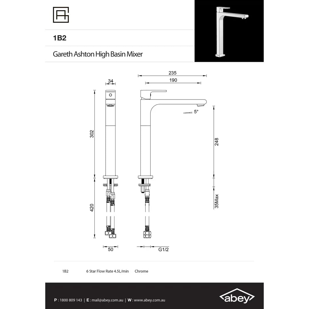 Abey Gareth Ashton Park Ave Hi Rise Basin Mixer Cp - Burdens Plumbing