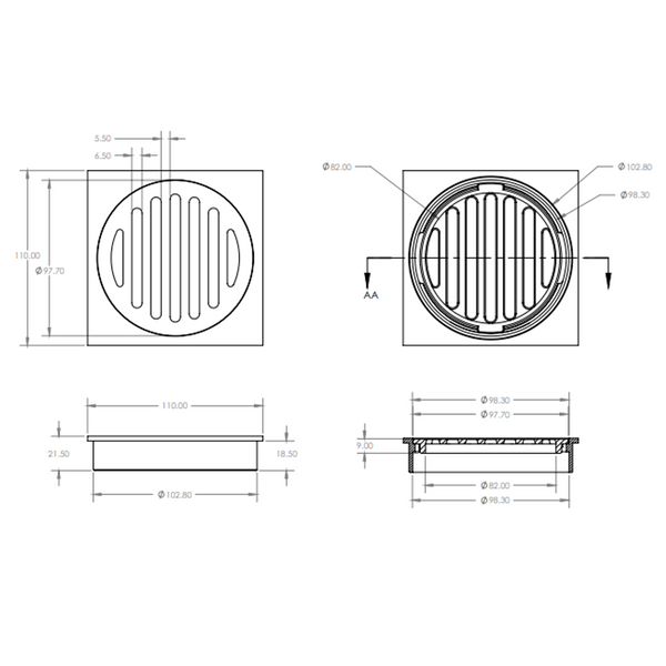 Square Drop in Trapscrew Grate 100mm Polished Brass