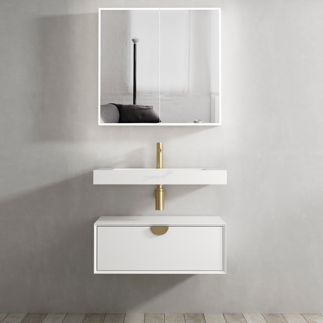 Otti Moonlight Wall Hung Cabinet 700 White Single Basin(Gold Handle)