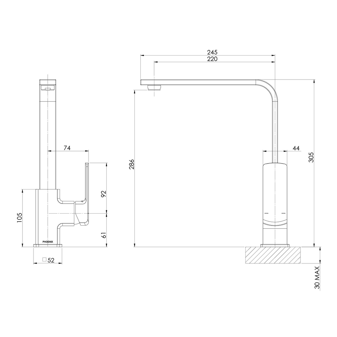 Phoenix Teva Sink Mixer 200mm Squareline Brushed Nickel