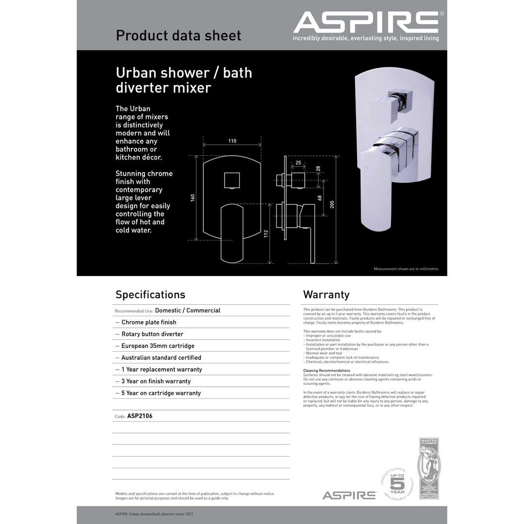 Aspire Urban Shower/Bath Mixer With Diverter C/P