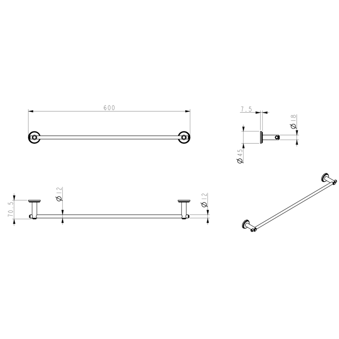 Bella Vista Mica Heritage Single Towel Rail - 600Mm - Black