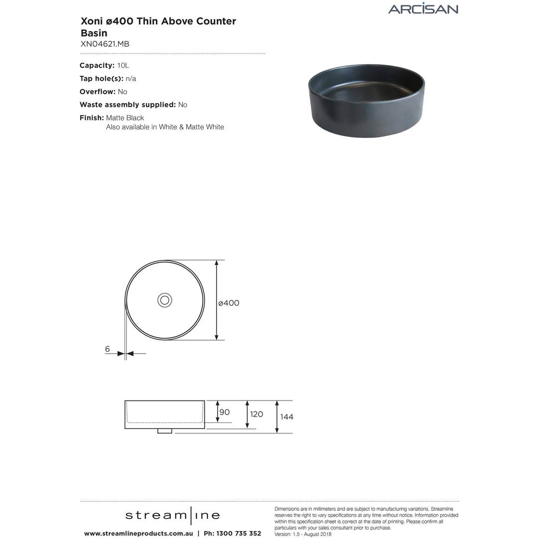 Streamline Arcisan Xoni 40 Dia Thin Round Above Counter Basin - Matt Black
