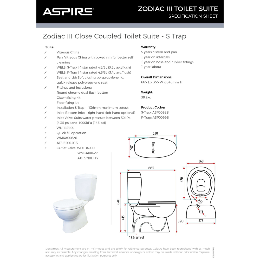 Aspire Zodiac Mk3 Close Coupled Toilet Suite S Trap Soft Close Se