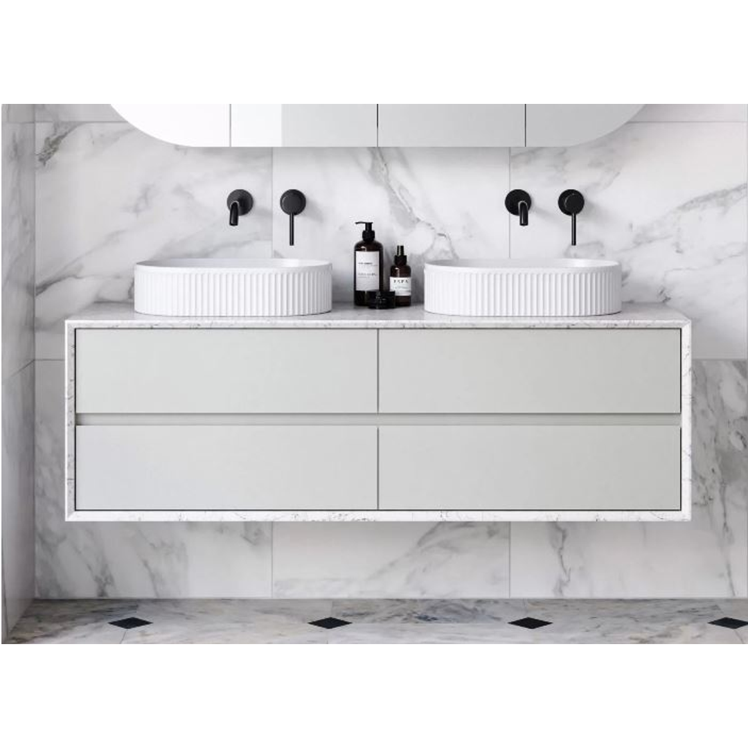 TIMBERLINE EMBRACE VANITY 600MM CENTRE BOWL SILKSURFACE SURROUND WG AC TOP WALL HUNG