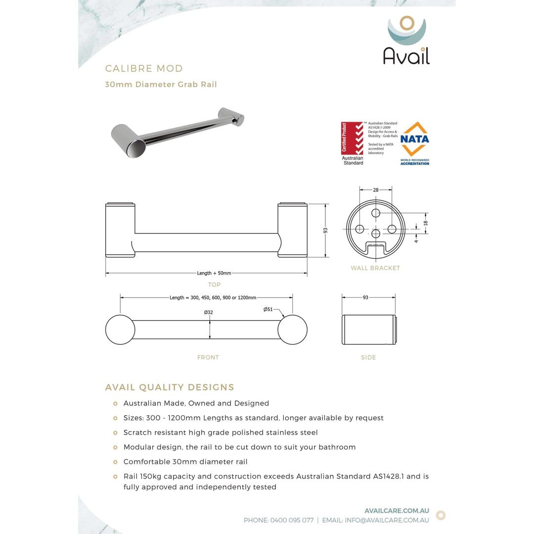 Availcare Calibre Mod Rail 900mm Chrome