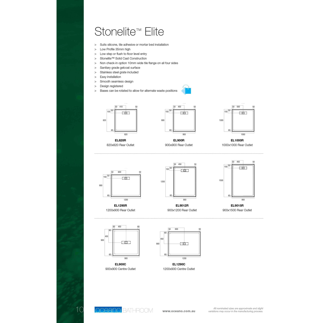 Oceano Stonelite Elite Base Rear Outlet S/Steel Grate 900 X 900