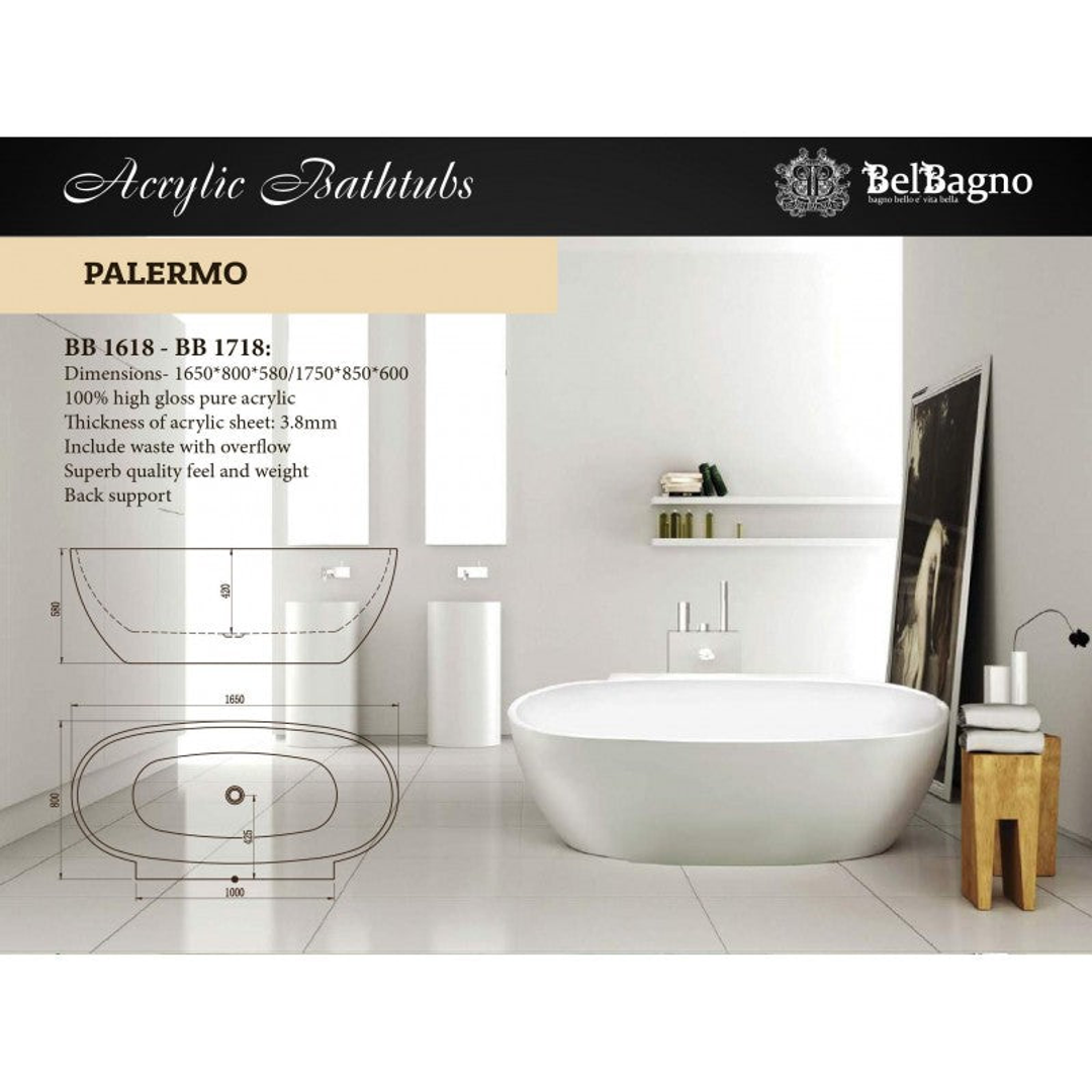 Belbagno Palermo Free Standing Bath Gloss White 1750mm