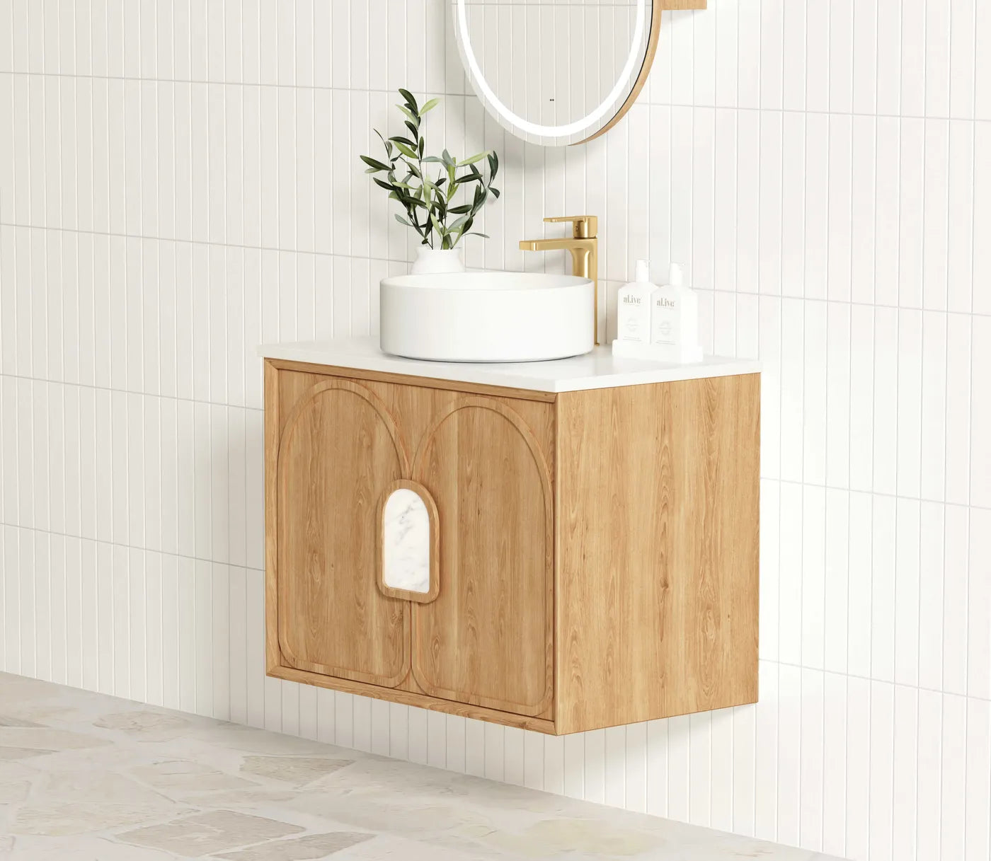 Otti Laguna Natural American Oak 750X460 Plywood Vanity Natural Carrara Marble Top