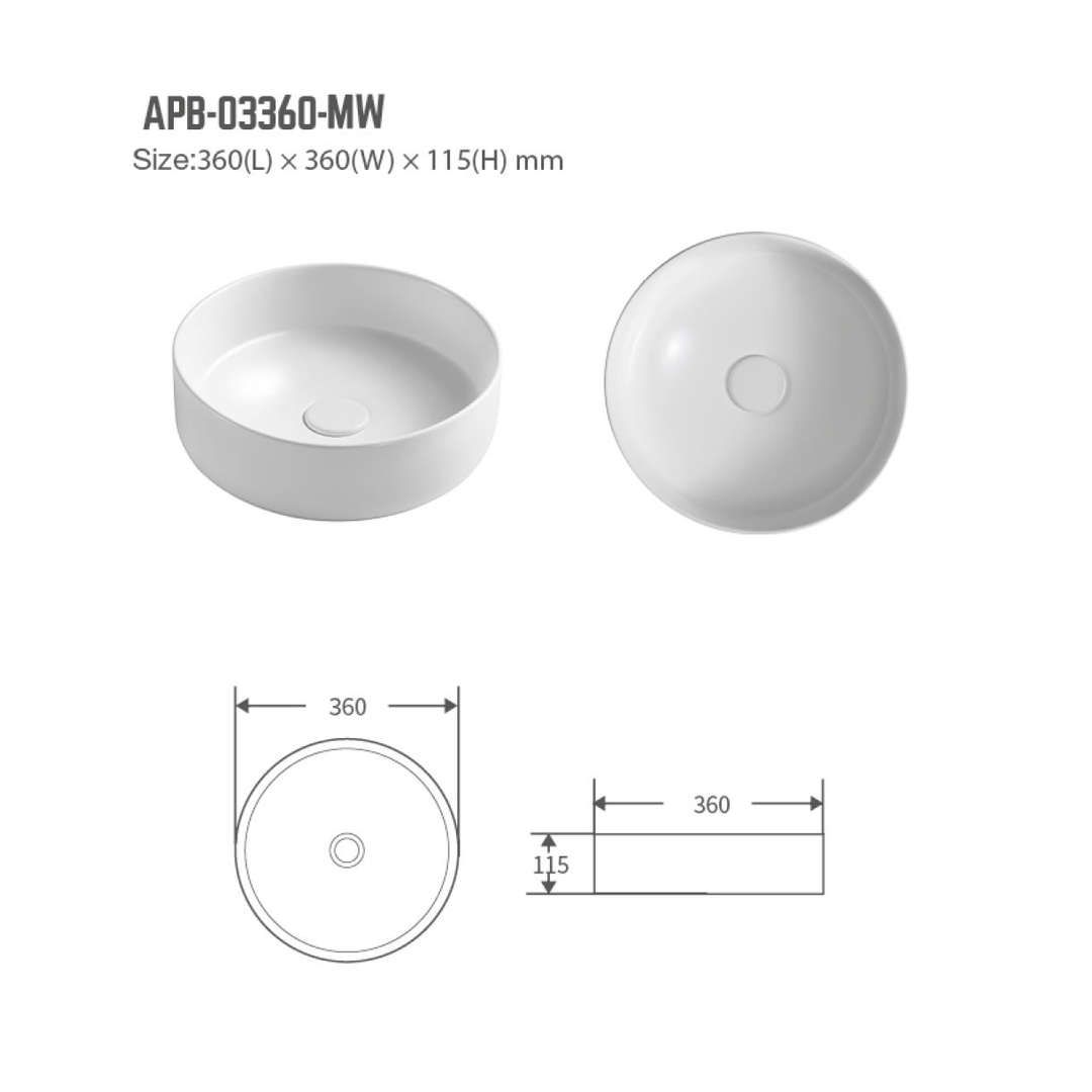 BNK NAGA APB-03360-MW ABOVE COUNTER BASIN 360 X 360 X 115MM MATT WHITE