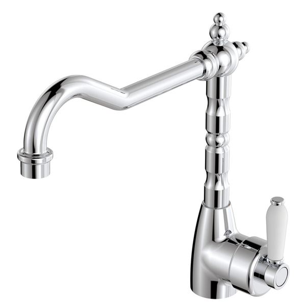 Fienza Eleanor Shepherds Crook Kitchen Sink Mixer C/P White Ceramic Handle