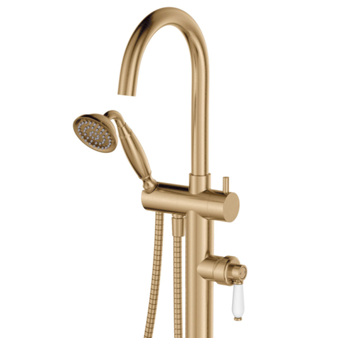 Fienza Eleanor Floor Mixer & Shower - Urban Brass/White Ceramic