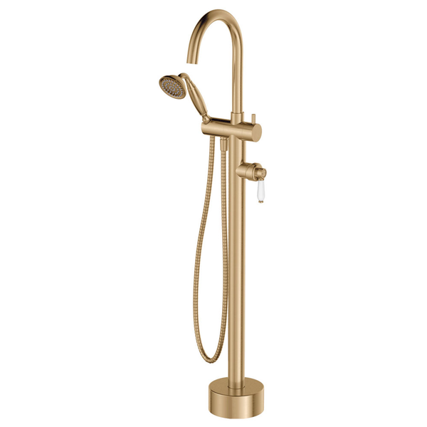 Fienza Eleanor Floor Mixer & Shower Urban Brass/White Ceramic Handle