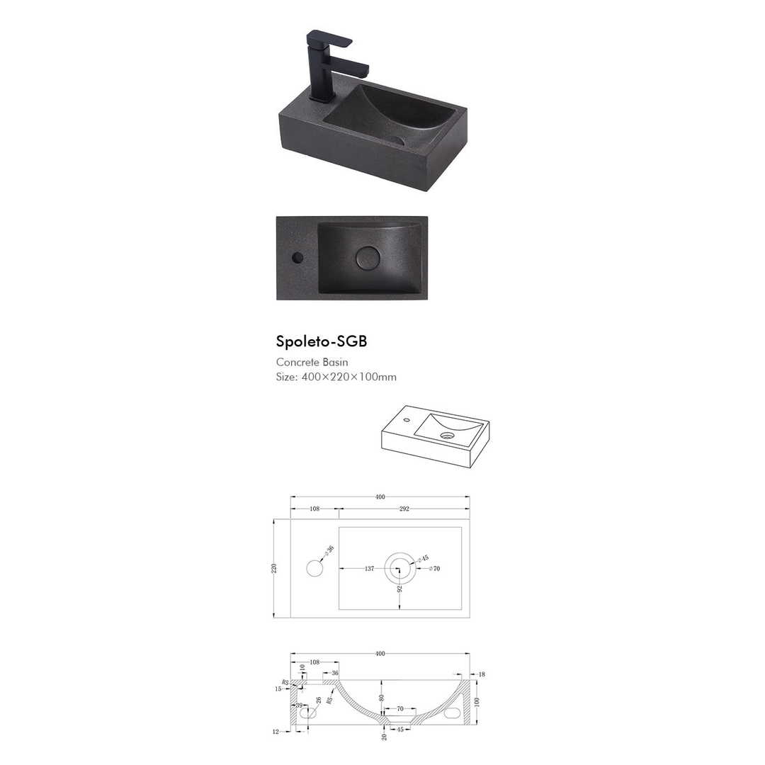 BNK Spoleto Concrete Basin 400 X 220 X 100mm - Black Sandstone