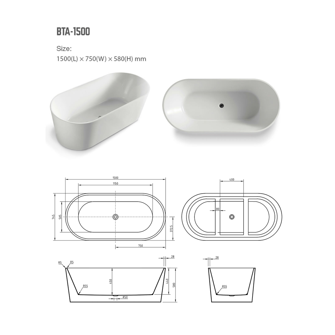 Bnk Naga Freestanding Bath Matt White 1500mm