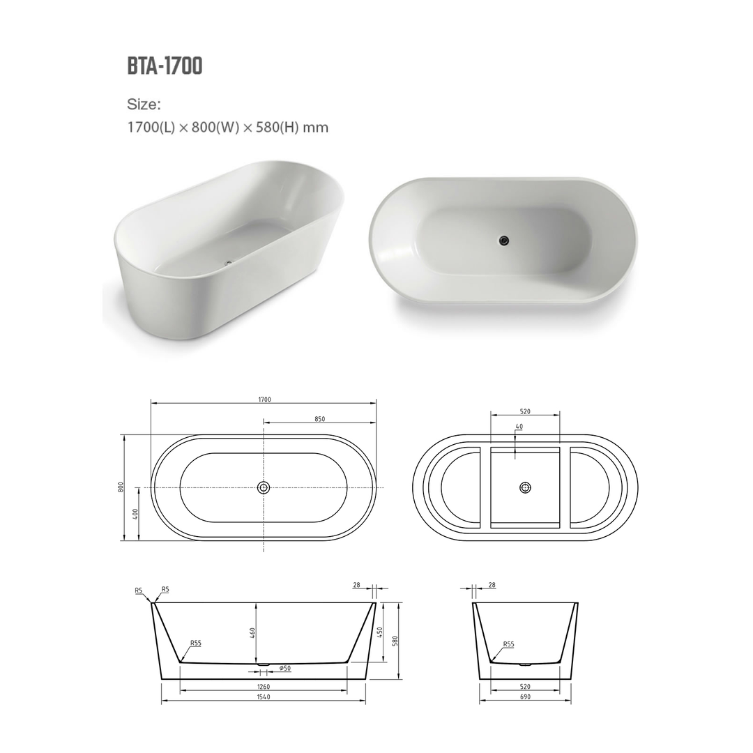 Bnk Naga Freestanding Bath Matt White 1500mm