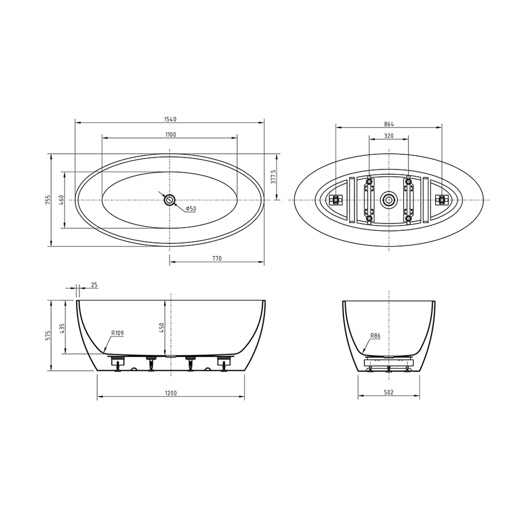 Bnk Naga Oval Freestanding Bath Matt White 1540mm