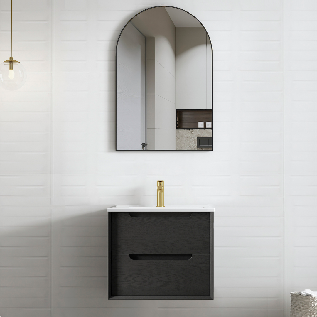 Otti Byron 600X460X550 Wall Hung Black Oak Plywood Vanity With Pure White Stone Top