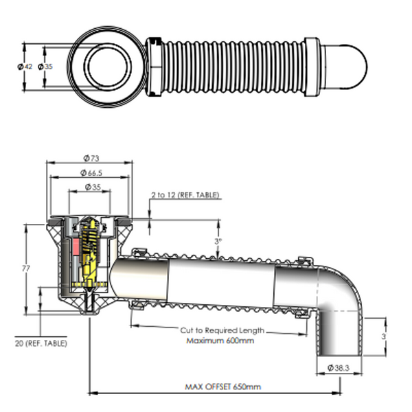 Pop Down Waste Bath Bend 40mm with Connector White