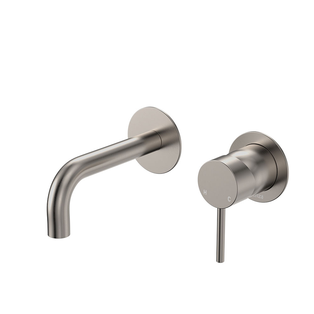 Fienza Kaya Brushed Nickel Basin/Bath Wall Mixer Set Round Plates 130Mm Outlet Lf Sus304