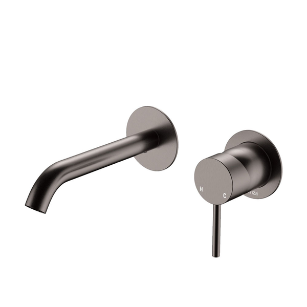 Fienza Kaya Basin/Bath Wall Mixer 160mm Outlet Set Gun Metal Round Gm Plates