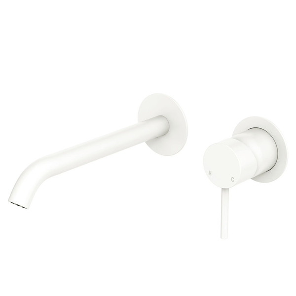 Fienza Kaya Basin/Bath Wall Mixer Set Round Plates 200mm Outlet Matte White